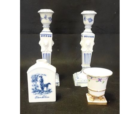 A PAIR OF BLUE AND WHITE ROYAL COPENHAGEN CANDLESTICKS, another piece of Royal Copenhagen and a gilded ceramic cup (4) (on vi