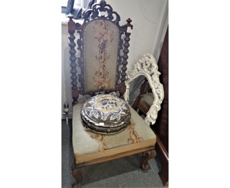 A VICTORIAN CARVED WALNUT AND TAPESTRY UPHOLSTERED LOW CHAIR in late 17th century taste, and a Victorian carved wood and bead