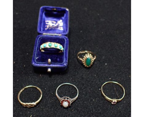 A COLLECTION OF DRESS RINGS, to include a six stone turquoise ring, the gold shank stamped "16ct"