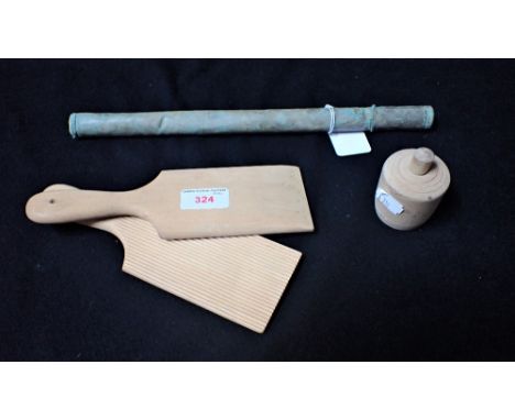 A 19TH CENTURY WOODEN BUTTER MOULD, a pair of pats and a milk thermometer 