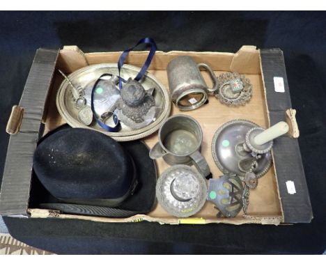 A PEWTER TANKARD and a mixed collection of other plate and enamel items (on view at Fine Art)