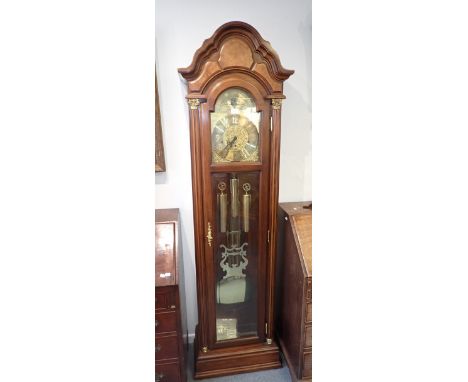 A MODERN WALNUT AND GLAZED LONGCASE CLOCK BY PEARL, with triple barrel movement, weights and pendulum, 200cms high (on view a