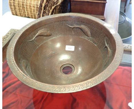 AN ARTS AND CRAFTS STYLE COPPER BASIN decoration with fish to the interior (on view at Fine Art)