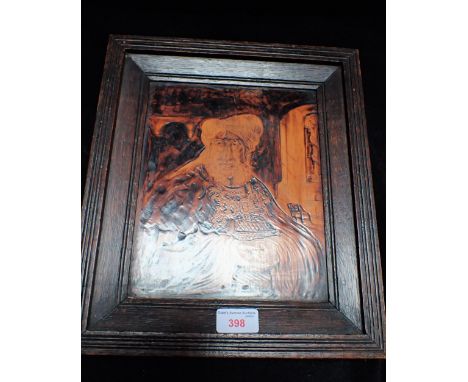 AN ITALIAN POKERWORK PANEL depicting a bearded man wearing a cloak, possibly a cassone panel, in an oak frame, 33cm high (ove