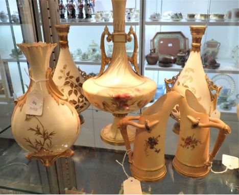 A PAIR OF ROYAL WORCESTER VASES with gilt decoration, four further pieces of Royal Worcester (6) (on view at Fine Art)