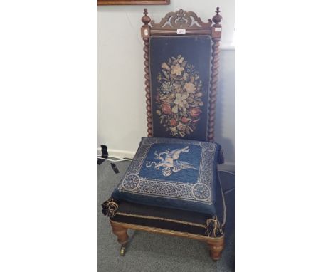 A VICTORIAN CARVED ROSEWOOD AND TAPESTRY WORK UPHOLSTERED LOW CHAIR in early 18th century style, and a modern blue fabric cov