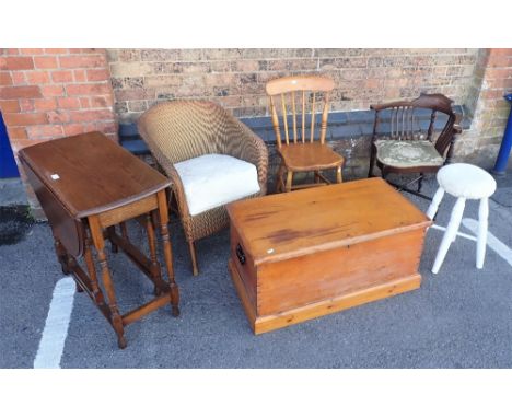 AN OAK GATELEG TABLE, a pine trunk, a stool, a Lloyd loom chair and two chairs (as lotted)