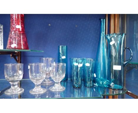 A SCANDINAVIAN GLASS JUG AND TUMBLER SET, similar flask, vase and four clear glass rummers