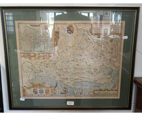 AN ANTIQUARIAN MAP, 'DORSETSHYRE' by Jodocus Hondius, and sold by Thomas Bassett in Fleet Street (on view at Fine Art)