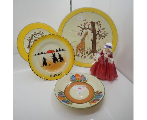 A SMALL CLARICE CLIFF SAUCER, A DOULTON FIGURE and three further ceramic plates (on view at Fine Art)