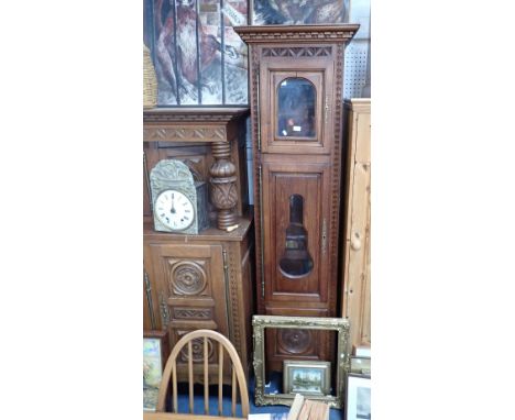 A 19TH CENTURY COMTOISE OR MORBIER CLOCK, THE ENAMEL DIAL WITH REPOUSSE BRASS SURROUND and a reproduction oak case (unfinishe