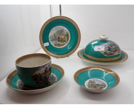 A SMALL PART SERVICE, each item painted with pastoral scenes, green ground with a gold banding (on view at Fine Art)