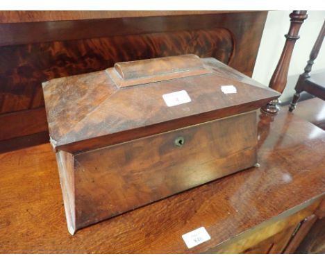 A 19TH CENTURY MAHOGANY TEA CADDY (on view at Fine Art)