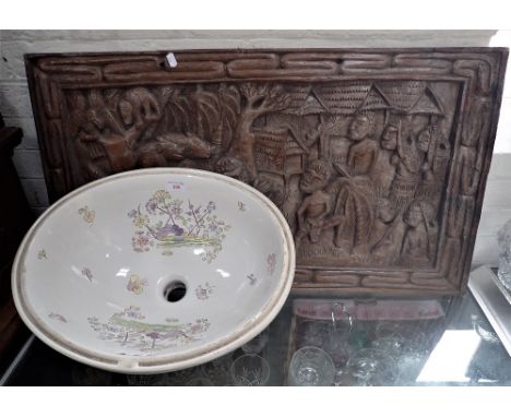 AN ETHNIC WOODEN WALL HANGING and a ceramic sink (2)