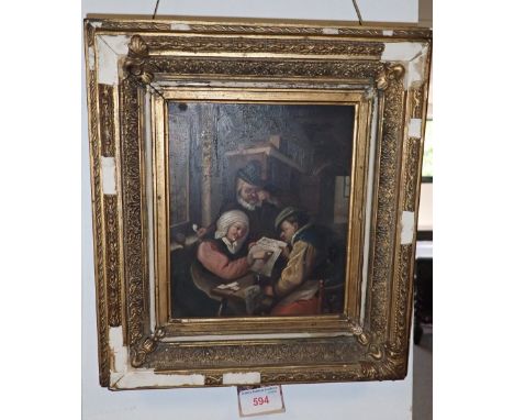 DUTCH SCHOOL: 17TH CENTURY FIGURES READING A MANUSCRIPT IN AN INTERIOR, oil on metal in distressed gilt frame (on view at Fin
