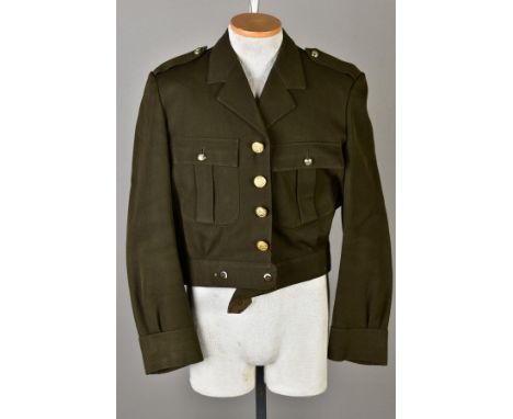 FIVE US ARMY SHORT, belted battledress jackets, WWII style, some with insignia, sleeve etc and medal ribbons