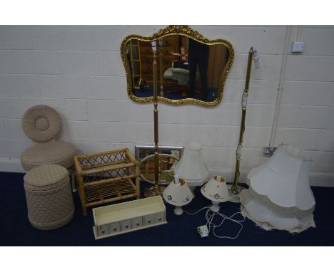 A COLLECTION OF OCCASIONAL FURNITURE to include a gilt framed wavy edge wall mirror with two others, bedroom chair and stool,