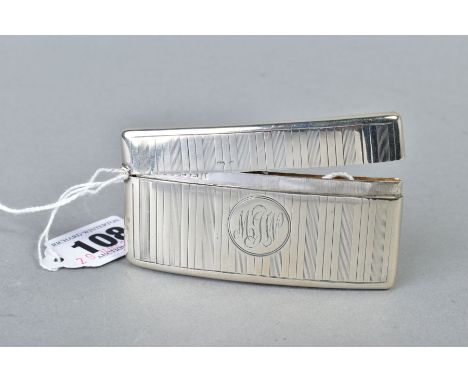 AN EDWARDIAN CARD CARD, of bowed rectangular form, engine turned decoration, initials to cartouche, hinged top, makers A &amp