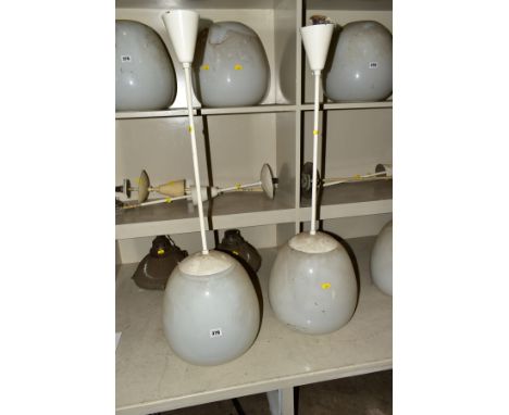 A PAIR OF OPAQUE WHITE OVOID GLASS AND PAINTED NICKEL PLATED CEILING LIGHT FITTINGS, approximate height overall 98cm x approx