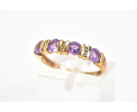 AN AMETHYST AND DIAMOND RING, designed as a line of four circular amethysts with bar spacers set with single cut diamonds, st