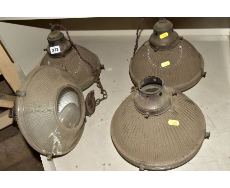 A SET OF FOUR EARLY 20TH CENTURY MOULDED GLASS CEILING LIGHT FITTINGS, overpainted nickel plated fittings, diameter 27cm incl