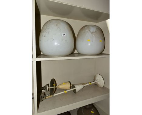 A PAIR OF OPAQUE WHITE OVOID GLASS AND PAINTED NICKEL PLATED CEILING LIGHT FITTINGS, approximate height overall 98cm x approx