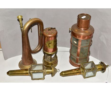 BRASS AND COPPER, to include an Aberaman Colliery minors lamp, oil powered coaching style lamps, height approximately 27cm, c