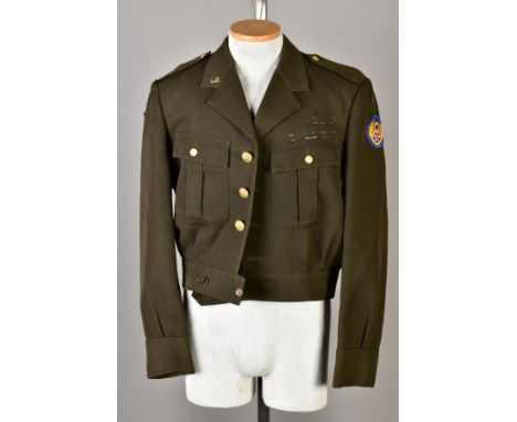 FIVE US ARMY WWII STYLE SHORT BATTLEDRESS JACKETS, some with insignia, medal ribbons etc