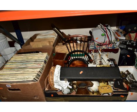 SEVEN BOXES OF RECORDS, QUARTZ CLOCKS, PHOTOGRAPHIC EQUIPMENT, wooden doll's chair, tripod, prints, footstool, cased precisio