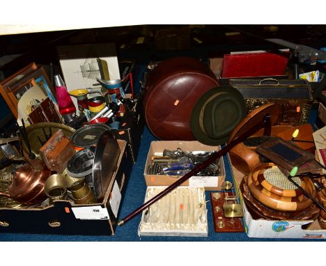FOUR BOXES AND LOOSE SUNDRY ITEMS, to include vintage Atomic coat hooks, brass covered magazine rack, brass jugs (some painte