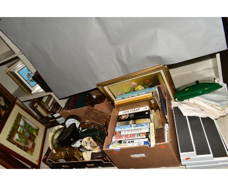 FOUR BOXES AND LOOSE INCLUDING BOOKS, CLOCKS, PICTURES AND DINNER SUIT, together with binoculars, treen, boule set, cuckloo c