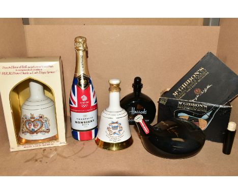 FOUR BOTTLES OF BLENDED WHISKY AND A BOTTLE OF CHAMPAGNE, comprising two Bell's Wade porcelain commemorative decanters (75cl 