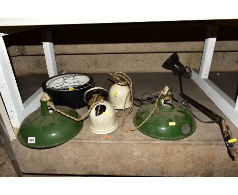 A PAIR OF 'THE STANDARD COOLICON' GREEN AND WHITE ENAMEL LIGHT SHADES, fitted with cable reels, shade diameter 28cm, together