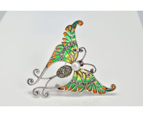 A PLIQUE-A-JOUR BROOCH, of a butterfly design with orange, yellow and green plique-a-jour enamel wings, embellished with marc