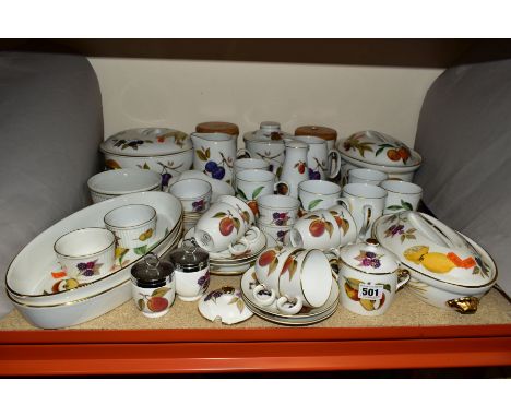 ROYAL WORCESTER 'EVESHAM' TABLE WARES etc, to include casserole dishes with lids, serving dishes, jugs, six cup and saucers, 