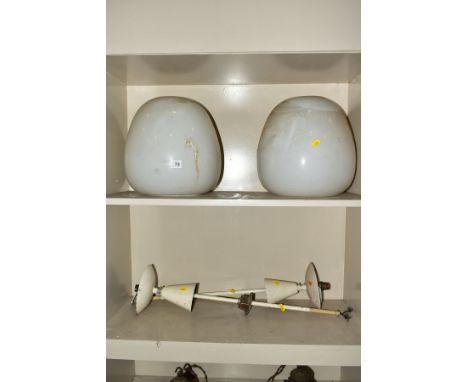 A PAIR OF OPAQUE WHITE OVOID GLASS AND PAINTED NICKEL PLATED CEILING LIGHT FITTINGS, approximate height overall 98cm x approx