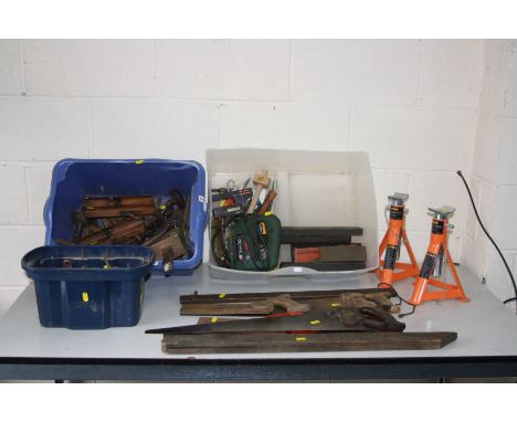 THREE BOXES OF VINTAGE AND MODERN TOOLS including wooden moulding planes, saws, axle stands, a Bosch jigsaw etc