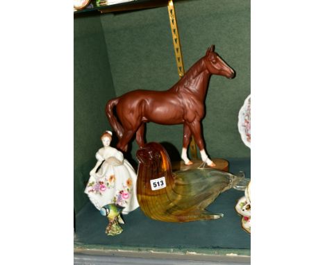 FOUR CERAMIC AND GLASS ITEMS COMPRISING A BESWICK CONNOISSEUR MODEL 'THE MINSTREL', model No.2608, matt, on plinth, a Beswick