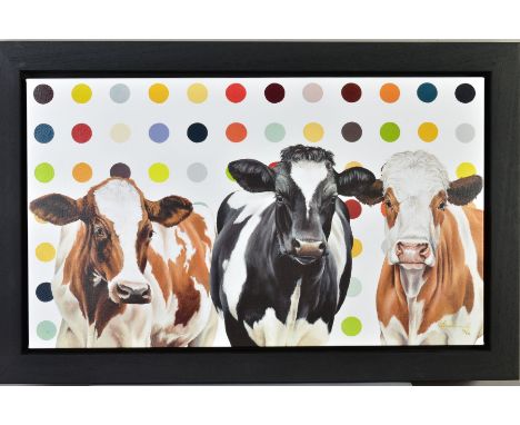 HAYLEY GOODHEAD (BRITISH CONTEMPORARY), 'Damiens Herd', a limited edition print on canvas of cows against a spotted backdrop,