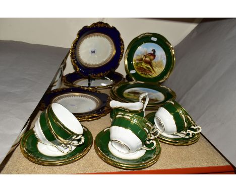 A COLLECTION OF COPELAND AND SPODE INCLUDING HAND PAINTED GAME PLATES, comprising a set of six Spode 'Harrogate' tea cups and