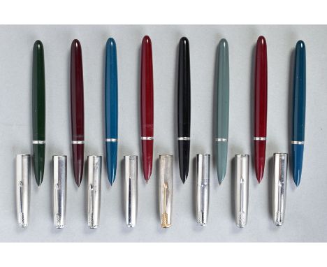 EIGHT VINTAGE PARKER '51' FOUNTAIN PENS including three in burgundy, two in blue, one grey, one emerald green and one black w