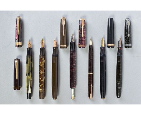 SIX VINTAGE PARKER FOUNTAIN PENS, TWO CAPS AND A PROPELLING PENCIL, these include an olive green Duofold with 14ct gold nib, 