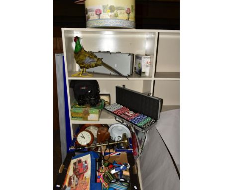 TWO BOXES OF TOYS, ORNAMENT, TWO CASED POKER SETS, BOXED LAWN BOWLS, PENTAX CAMERA, including ornamental metal cock pheasant,