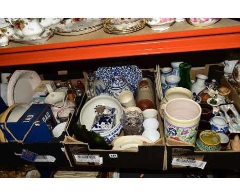 THREE BOXES OF CERAMICS, GLASS, METALWARES ETC, including a Poole pottery cylindrical vase and another carnival glass dish, V