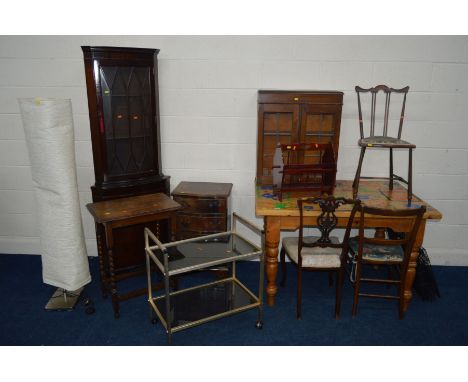 A QUANTITY OF VARIOUS MODERN FURNITURE to include a pine kitchen table (painted hand prints to top) a mahogany corner cupboar