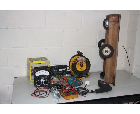 A COLLECTION OF BLACK AND DECKER POWER TOOLS, four wheeled trolley, an Avometer 8, an inspection light, tools include a drill