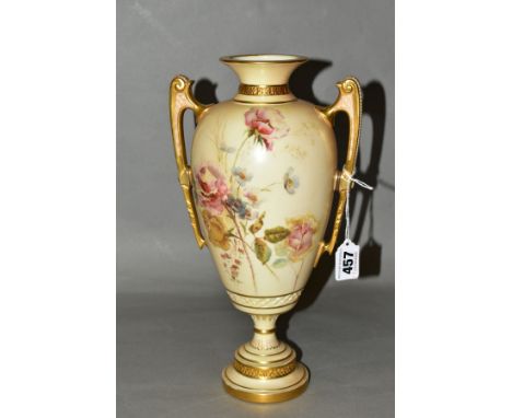 A ROYAL WORCESTER TWIN HANDLED VASE, painted floral detail on blush ivory ground with gilt detailing, puce backstamp, Rd.No.1