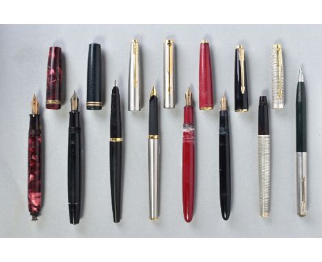 SIX PARKER FOUNTAIN PENS, A PROPELLING PENCIL AND A STERLING SILVER 75 ROLLER BALL (no cartridge), these include a black Vict