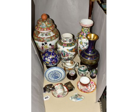 A COLLECTION OF ORIENTAL WARES, to include polychrome vases, cloisonne items comprising an onion shaped vase, a ball decorate