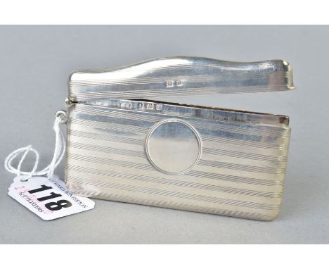 A GEORGE V SILVER CARD CASE, rectangular with serpentine hinged top, engine turned decoration, vacant cartouche, maker Henry 